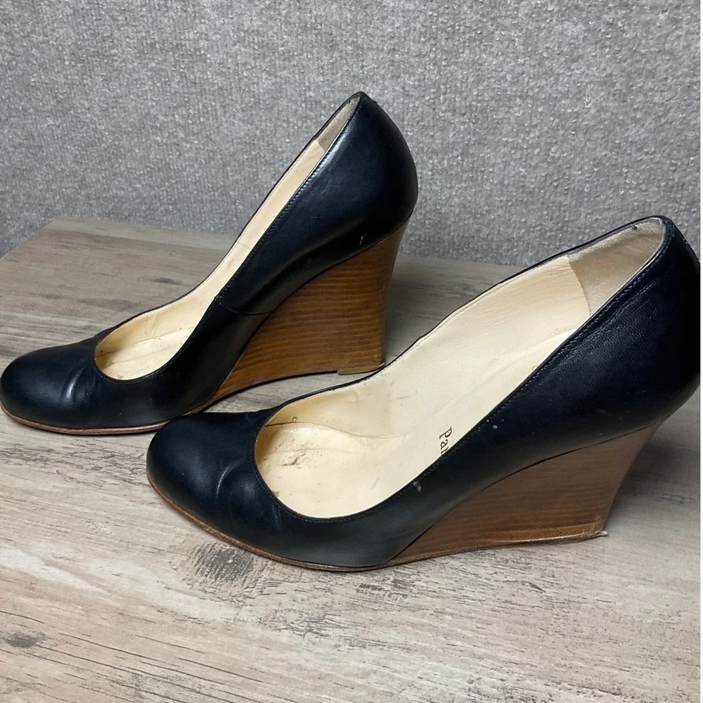 Christian Louboutin Black Leather Round Toe Wood Wedge Heel Pumps Red Sole 38